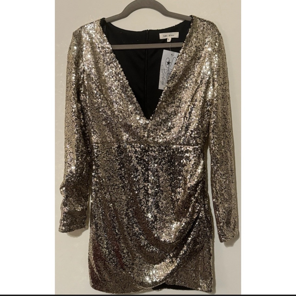 SEQUIN ~ LAC BLEU WOMEN'S ~ DRESS SIZE L PLUNGING NECKLINE LINED PARTY